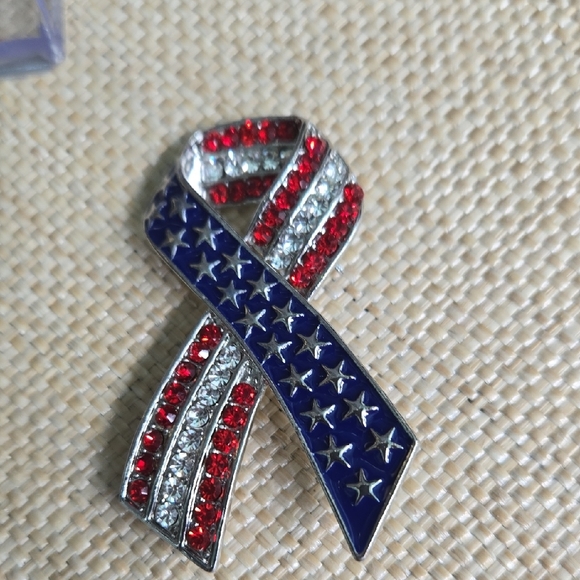 SALE* Patriotic Ribbon Brooch with Red, White, and Blue Crystals - Picture 2 of 5